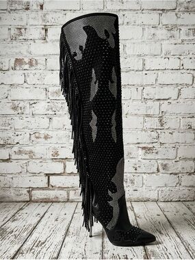 Azalea Wang Black Over-the-Knee Fringe Embellished Boots